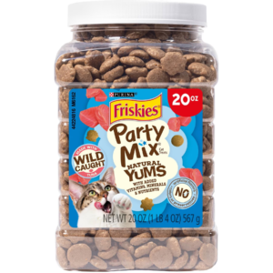 Friskies Party Mix Natural Yums Complete & Balanced Salmon Crunchy Natural Cat Treats, 20-oz tub