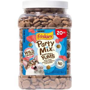 Friskies Party Mix Natural Yums Complete & Balanced Salmon Crunchy Natural Cat Treats, 20-oz tub