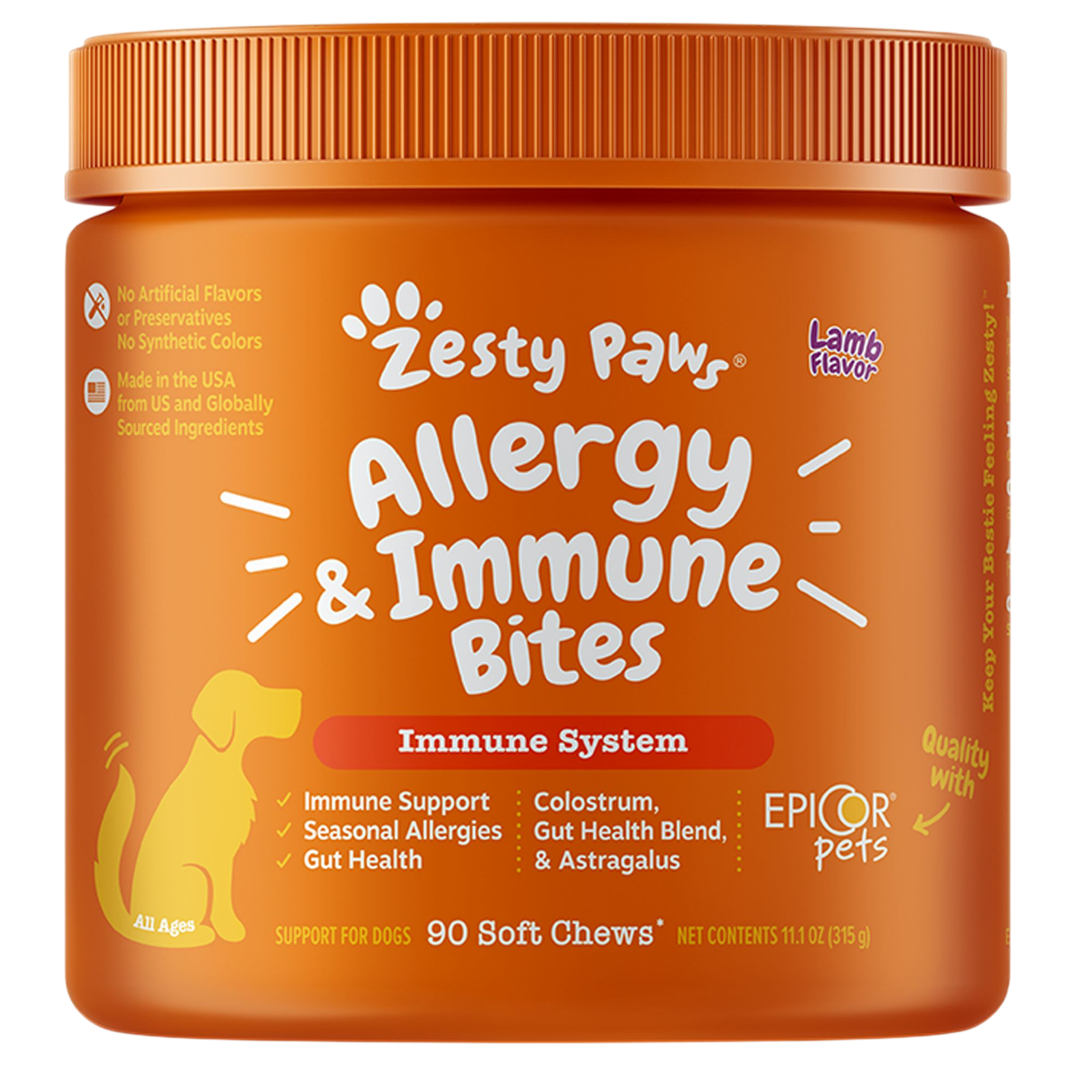 Zesty Paws Dog Allergy & Immune Bites, Probiotics for Itchy Skin & Ears, Lamb Flavor, 90ct